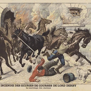Saving horses from a fire at the racing stables of Lord Derby at Newmarket (colour litho)