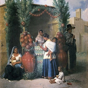 Scene pres d une buvette dans une rue du Mexique : une femme allaite son enfant, une autre boit un verre et porte son enfant dans son dos, un enfant joue par terre. Peinture d Edouard Pingret (1788-1875), milieu du 19eme siecle. Mexico City