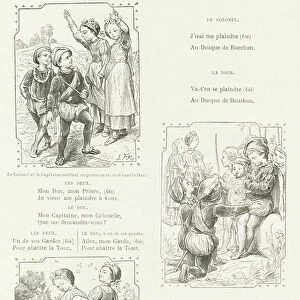 Three scenes from "The tower, take care" with the lyrics. 1880 (engraving)