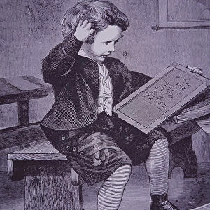 School boy working on maths problem with slate (engraving)