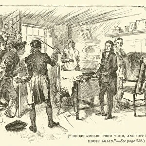 He scrambled from them, and got into the house again (engraving)