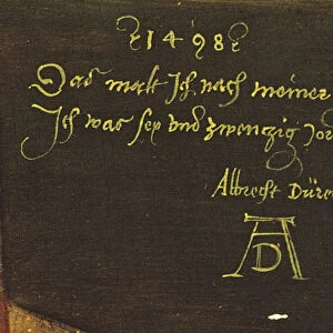 Self Portrait with Gloves, detail of signature, 1498 (oil on panel) (detail of 545)