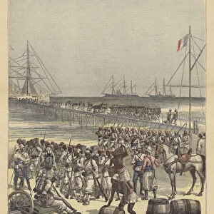 Senegalese troops disembarking at the new wharf of Cotonou, Dahomey (colour litho)