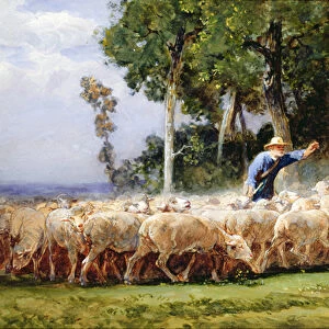 A Shepherd with a Flock of Sheep (w / c on paper)