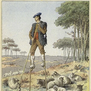 Shepherd on stilts, Landes, France (coloured engraving)