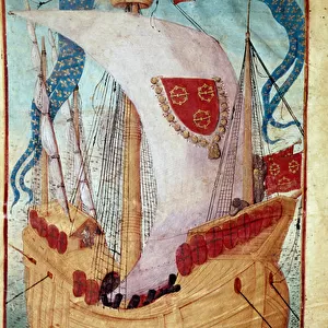 A ship with sail decoree of the coat of arms of Louis Malet (1441-1516)