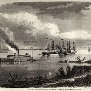 Ship and tug boat on the Mississippi, drawing by Evremond Auguste de Berard (1824-1881)