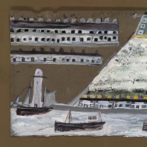 Ships and lighthouse, houses (pencil & oil on paper)