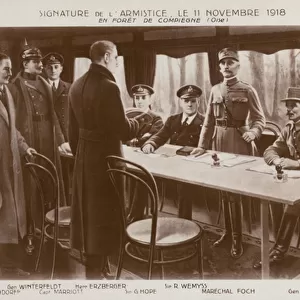 Signing of the Armistice to end the First World War, Forest of Compiegne, France, 11 November 1918 (litho)