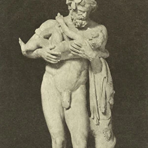Silenus with the Child Dionysus, ancient Roman sculpture in the collection of the Glyptothek, Munich, Germany (b / w photo)