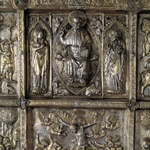 Silver Altar of Saint James the Major. Detail of the antependium with stories of new testament, The benissant christ and the crucifixion, 1287-1456