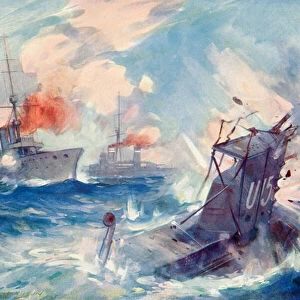 The sinking of the German submarine SM U-15 after being rammed by the British light