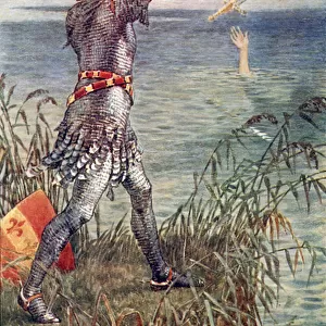 Sir Bedevere casts the sword Excalibur into the lake