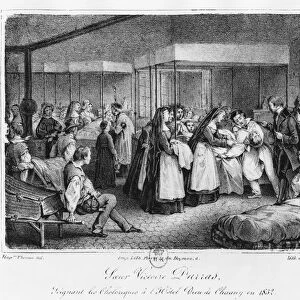 Sister Victoire Darras tending the cholera victims at the Hotel-Dieu of Chauny, 1832 (litho) (b / w photo)