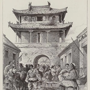 The Situation in China, Western Entrance-Gate to Tsimo, Kiao-Chau (litho)