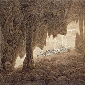 Skeleton in the Cave (sepia ink and pencil on paper)