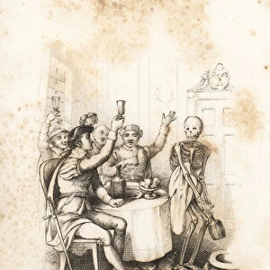 The skeleton of Death brings the last bottle of wine to a drinker, 1827 (engraving)