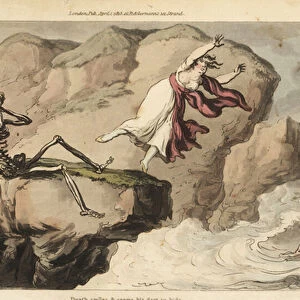 The skeleton of Death holds a handkerchief to his eye socket as a woman commits suicide off a cliff to join her drowned lover. Handcoloured copperplate drawn and engraved by Thomas Rowlandson from The English Dance of Death, Ackermann, London, 1816