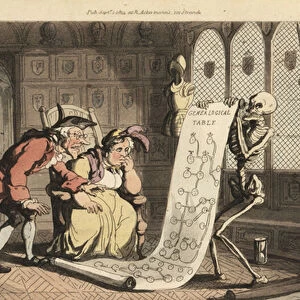 The skeleton Death with his hourglass shows a genealogical table to two elderly aristocratic Geneologists in a room with heraldic shields and suits of armour
