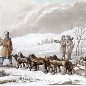 Sled of the Kamptschadales pulled by dogs, Siberia. Drawing by Gallina f