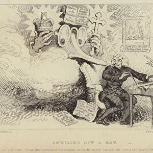 Smelling out a Rat: Welsh philosopher, nonconformist preacher and pamphleteer Richard Price startled by a giant bespectacled nose representing Edmund Burke catching him at work surrounded by evidence of sedition against the church and state