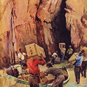 Smugglers hiding their contraband in caves (colour litho)