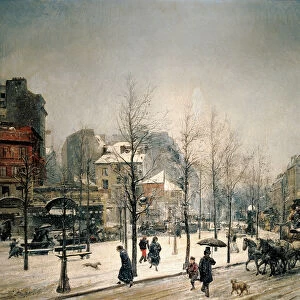 Snow on the Boulevard de Clichy. Painting by Ramon Marti i Alsina (1826-1894), 1877