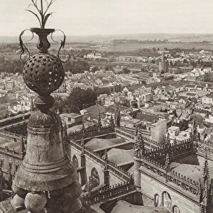 Spain: Sevilla, General View of the Town from the Giralda Tower of the Cathedral (b / w photo)