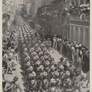 The Spanish-American War, Spanish Troops marching through San Juan, the Capital of Porto Rico (litho)
