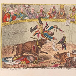 The Spanish Bull Fight or the Corsican Matador in Danger, pub. 1805 (hand coloured engraving)