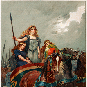 Spear in hand, Boadicea led them to attack, illustration from