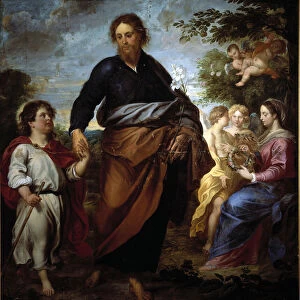 St Joseph and Jesus, in the background the virgin (oil on canvas, 17th century)