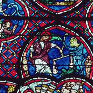 St Michael weighing souls, 13th century (stained glass)
