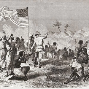 Stanleys attack on Zimbizo during his expedition in 1871, illustration