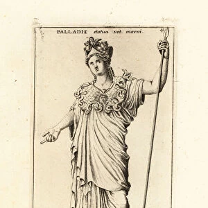 Statue of Roman goddess Athena Pallas, with crown, breastplate a 1779 (engraving)