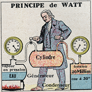The steam machine: James Watt principle (1736-1819). Anonymous illustration from 1925