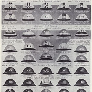Steel helmets of Britains civil defence organisations, World War II, 1940-1945 (litho)