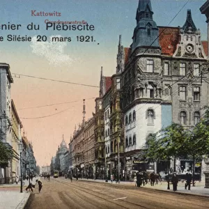 Street in Katowice, Poland, souvenir postcard commemorating the plebiscite in Upper Silesia held on 20 March 1921 to determine part of the border between Poland and Germany (photo)