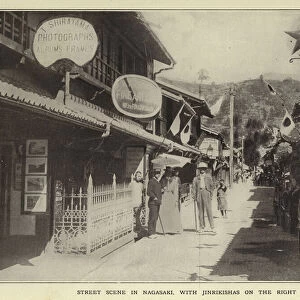 Street scene in Nagasaki, with Jinrikishas on the right (b / w photo)