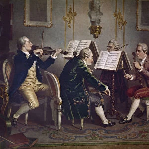 String quartet playing a Mozarts work (Chamber music) (Lithography, 18th century)