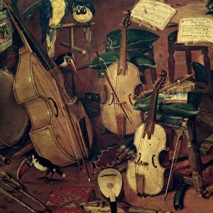 Strings and parrots, detail of Allegory of the five senses (Painting, 17th century)