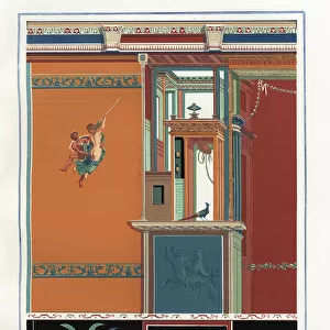 Stucco design with Bacchantes from the House of Epigrams, Reg. V, Ins. 1, No. 18. The mural perished soon after its discovery in 1875. Chromolithograph by Victor Steeger after an illustration by Geremia Discanno from Emile Presuhn (1844-1878)