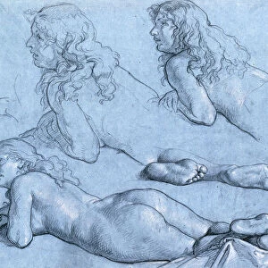 Studies of a Reclining Nude, seen from the Back (black and white chalk on blue paper)