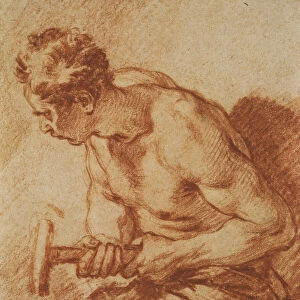 Study of a Man holding a Hammer, half length, (red chalk on light brown paper)