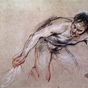 Study of a naked man kneeling pulling a drapery Drawing a la sanguine by Jean Antoine