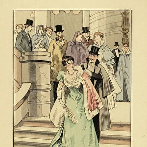 Subscribers leaving the opera, 1891. Gentleman in top hat and white-tie assisting a woman with her fur-lined cape on the stairs of the Opera de Paris. Handcoloured lithograph by R. V