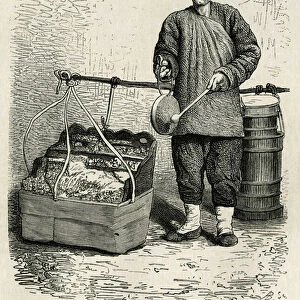 The sugar merchant hitting a flat drum to draw attention to his dried apricots