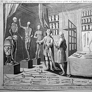 A Surgeon and a chart of surgical instruments (engraving)