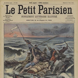 Survivors of a shipwreck on a raft being attacked by sharks (colour litho)