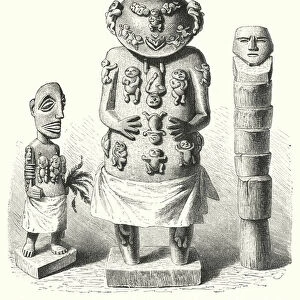 Tahitian idols, carved in wood (engraving)